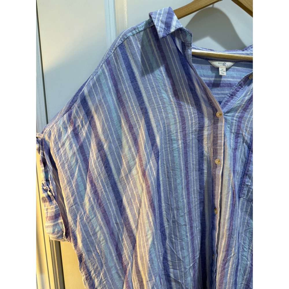 Terra & Sky Womens 3X Blue Purple Striped Linen Blend Button Down Shirt TS251001 - Picture 3 of 7